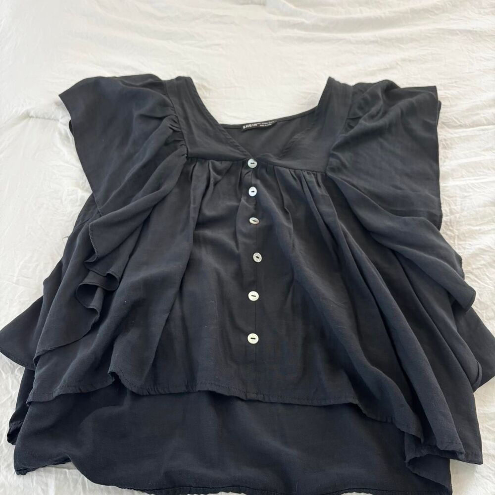 SHEIN Flowy Button Up Work Dressy Top Medium Neck T Shirt  Women's Black Blouse